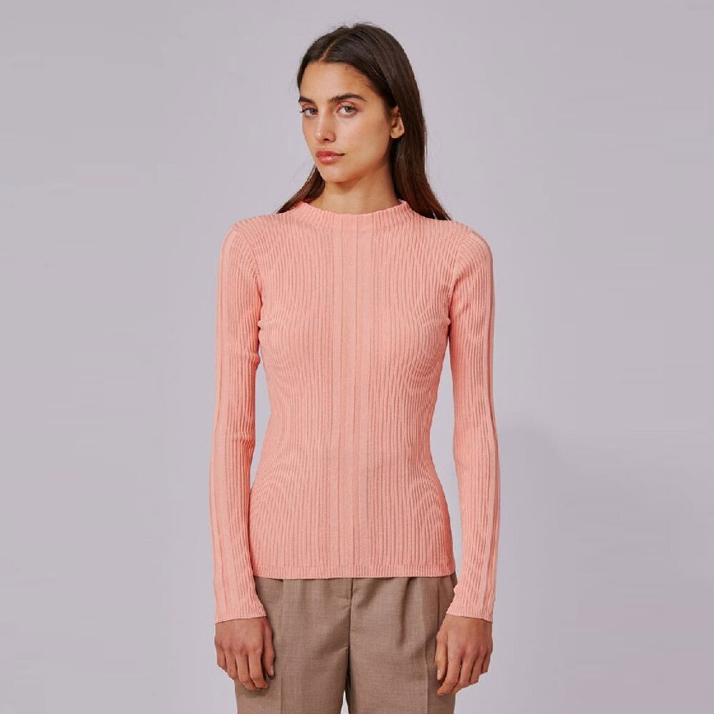 C/MEO COLLECTIVE Ribbed Knit Pullover Top Funnel Neck Stretch Coral Pink N